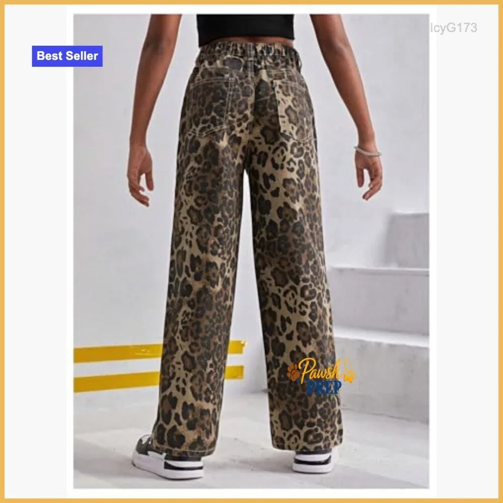 Girls Straight Leg Denim Pants High Waist Elastic Waist Cheetah Print